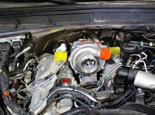 Turbocharger and charge air system components on a Ford diesel truck